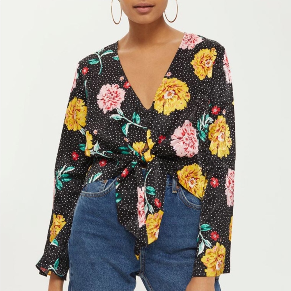 TOPSHOP floral, tie front blouse